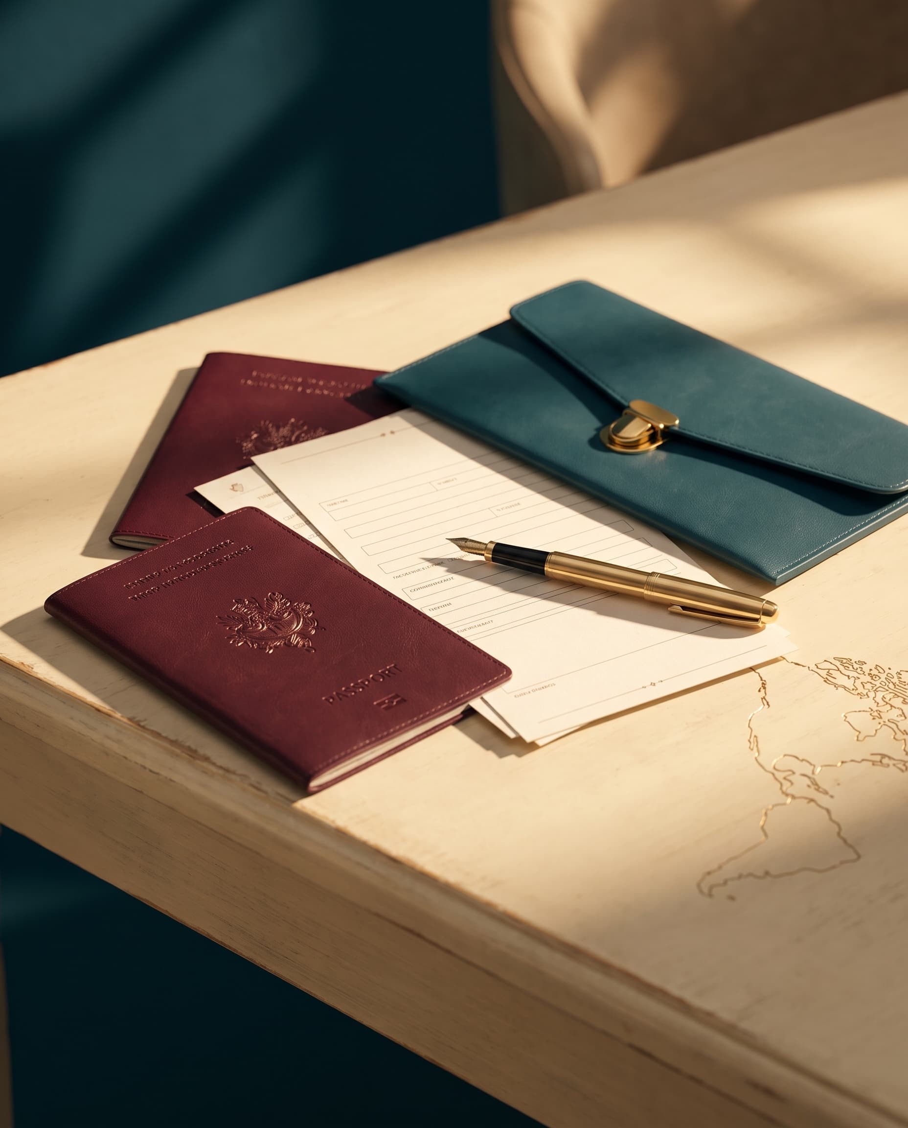 Reisepass, Reisedokumente und Visa-Unterlagen auf einem Schreibtisch — Dokumentenservice von Coburger Reisen